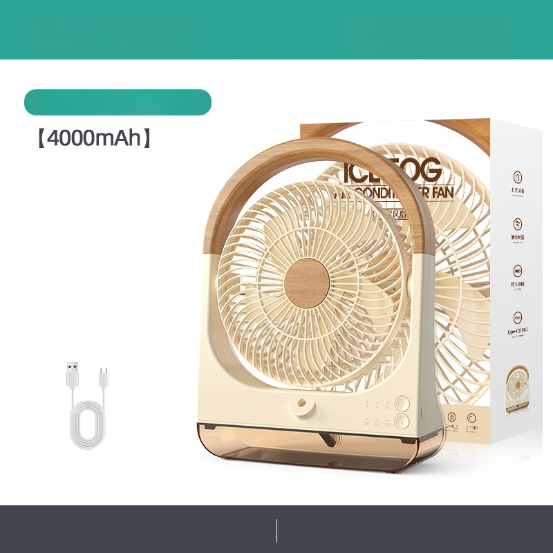 USB stalinis ventiliatorius su 5 mentėmis, bešepetėlinis variklis, įmontuota 4000–6000 mAh baterija, vandens miglos drėkinimas, 3 greičiai