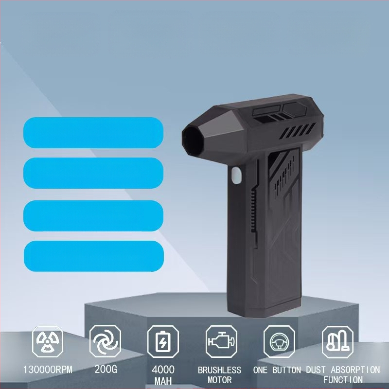 Nešiojamas rankinis turbinos ventiliatorius su brushless varikliu, įmontuota baterija 7,4V 2000–4000mAh, 150W, iki 130000 RPM, triukšmas 36–45 dB, USB maitinimas