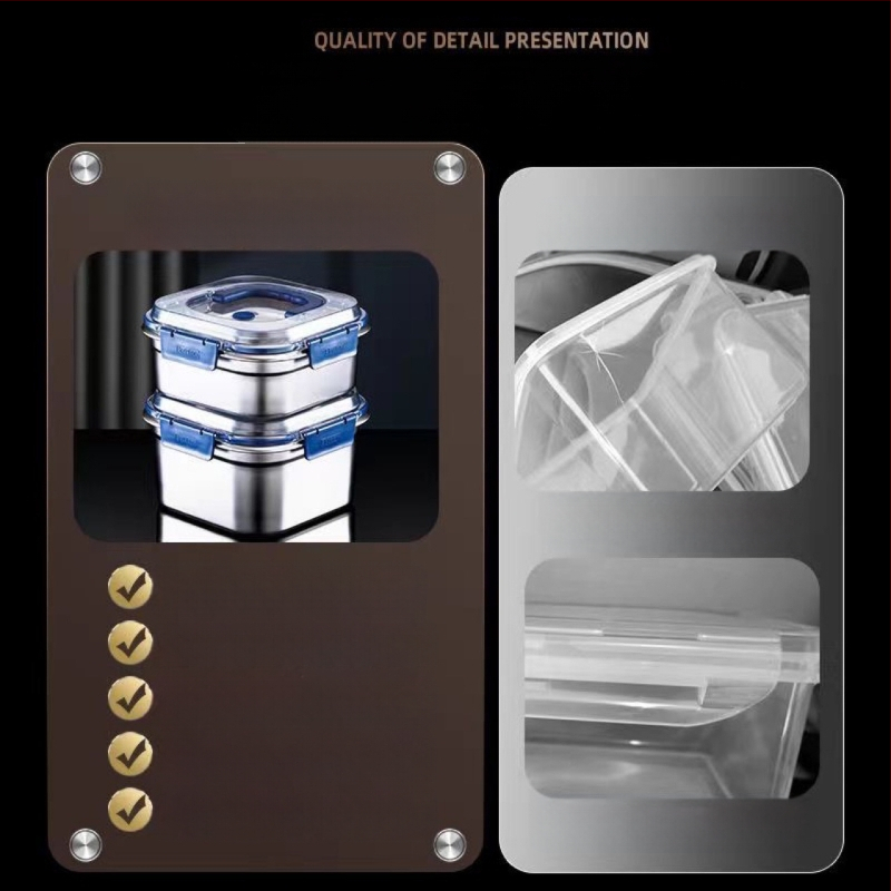 Nerūsējošā tērauda pusdienu kastīte, kvadrātiska, hermētisks vāks, 2,1–3 L ietilpība, mikroviļņu krāsnij saderīga