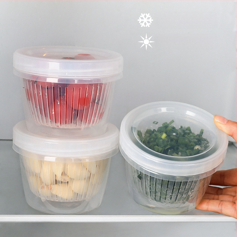 Polipropilēna apaļa drenāžas glabāšanas kārba zaļās sīpoles, ingvera un ķiploka uzglabāšanai ar vāku