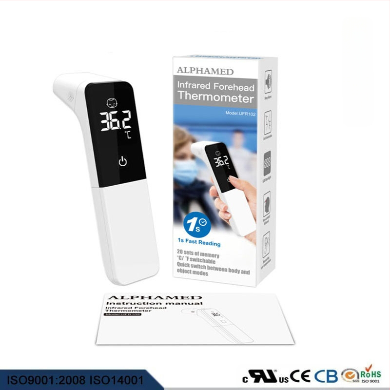 Višenamjenski LED termometar za čelo i uho s digitalnim zaslonom — ALPHAMED UFR102, 2x AAA baterije, raspon mjerenja 32–43°C