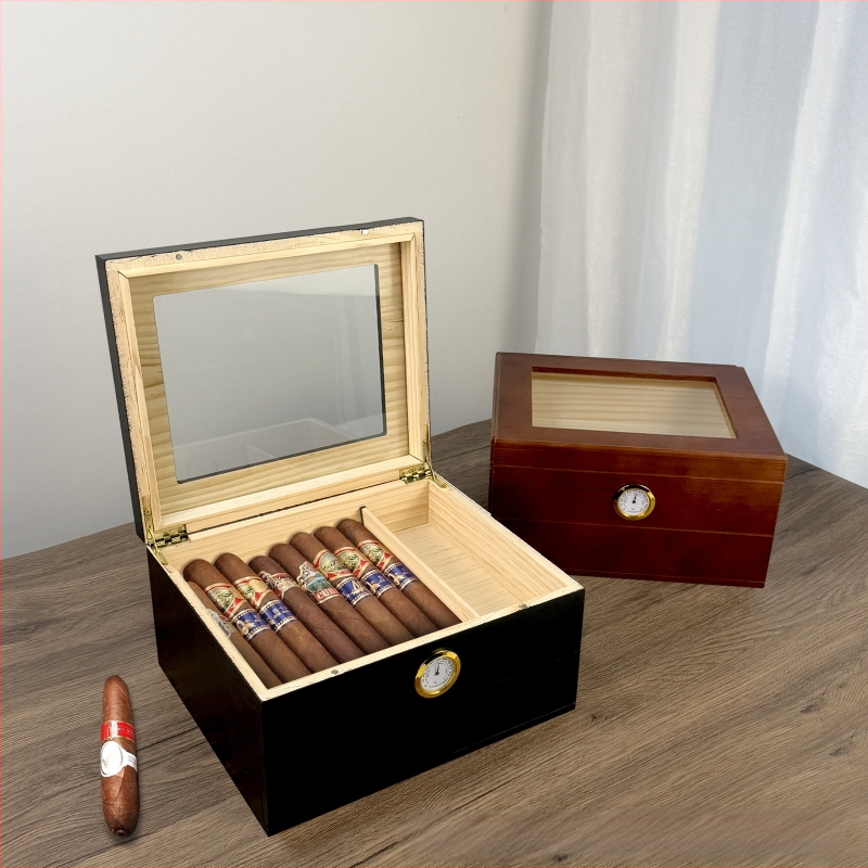 Ξύλινο κουτί πούρων με καπάκι-ανατροπή, διπλό επίπεδο αποθήκευσης, επιτραπέζιο σχέδιο με διαφανές καπάκι και θερμόμετρο