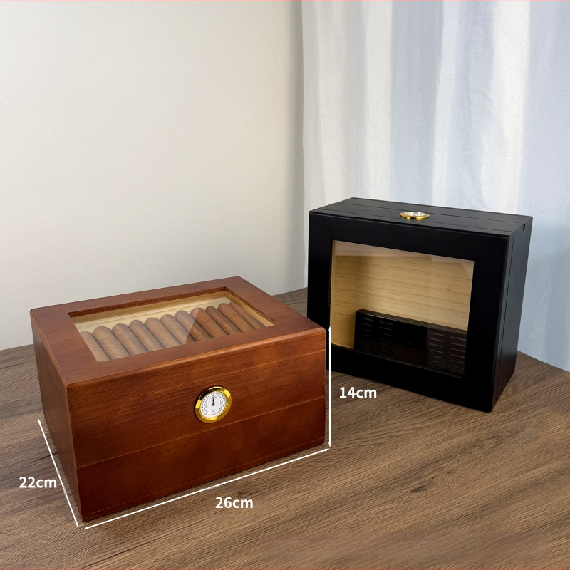 Ξύλινο κουτί πούρων με καπάκι-ανατροπή, διπλό επίπεδο αποθήκευσης, επιτραπέζιο σχέδιο με διαφανές καπάκι και θερμόμετρο