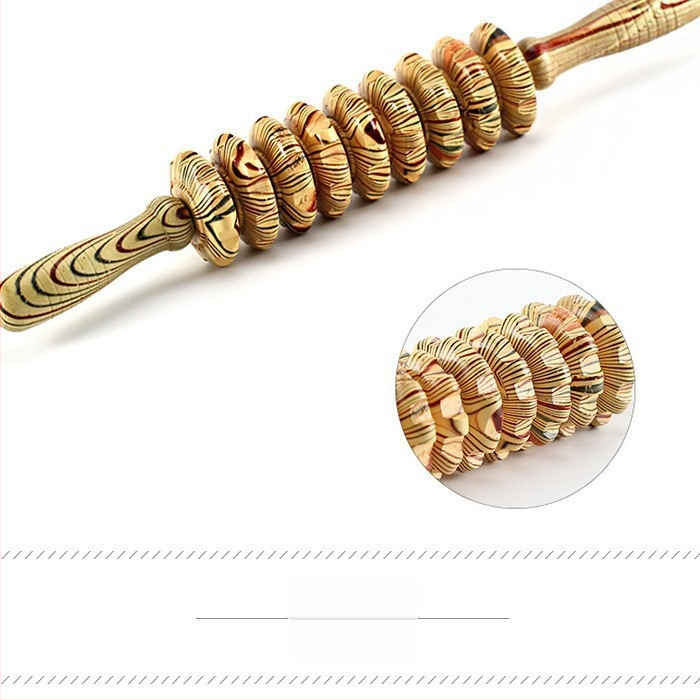 Medinis devynių ratukų masažuoklis visam kūnui, mechaninis valdymas, be elektros tiekimo, nuolatos reguliuojama greitis, 1 konveksinė apvali masavimo galvutė, tinka kaklui, nugarai, juosmeniui, kojoms, sėdmenims ir pėdoms