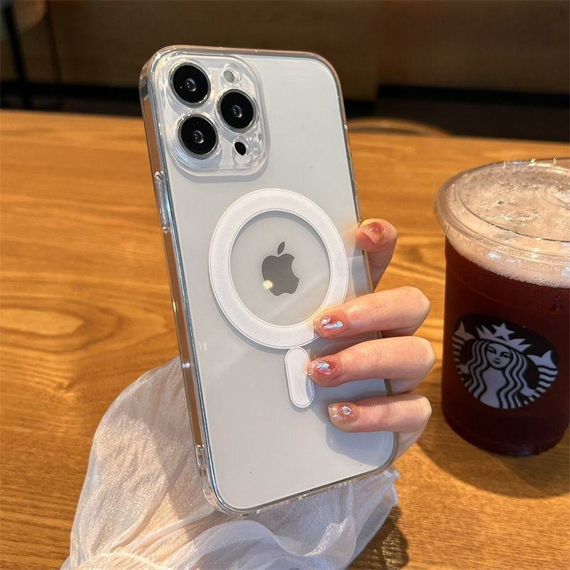 Skaidrus minimalistinis magnetinis telefono dėklas, TPU + akrilas, atsparus kritimams, suderinamas su iPhone 11–14 serijai