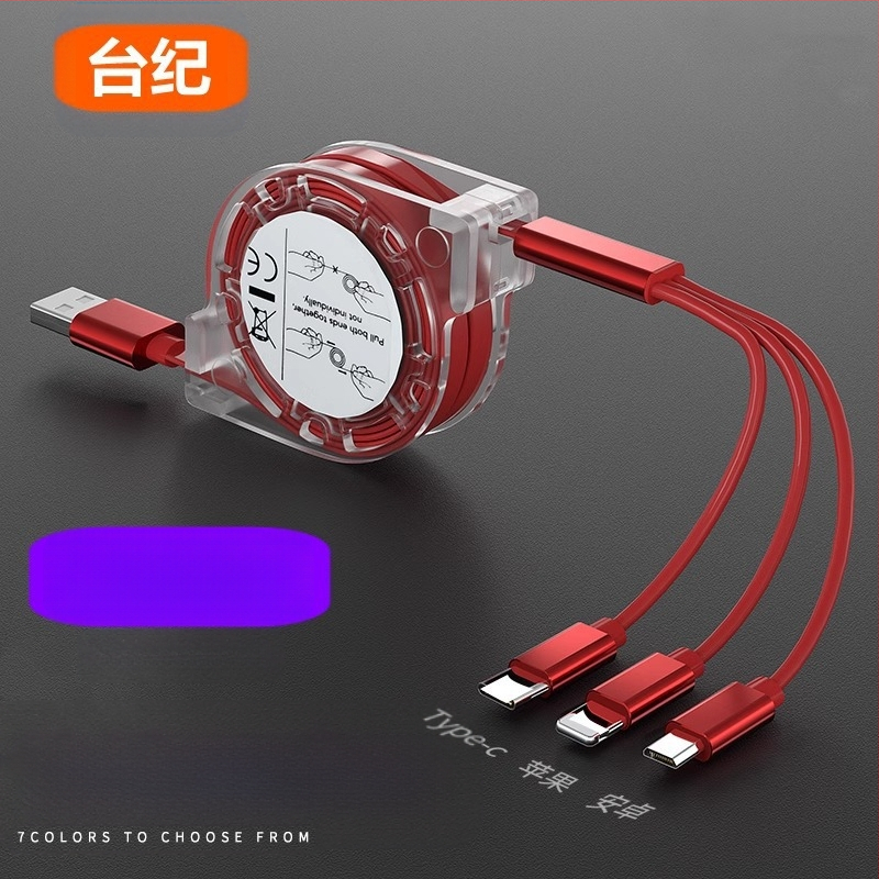 Vysúvací silikónový dátový kábel so tromi konektormi (Mini USB, Lightning, Type-C) – 1–3 výstupy, rýchlonabíjanie.