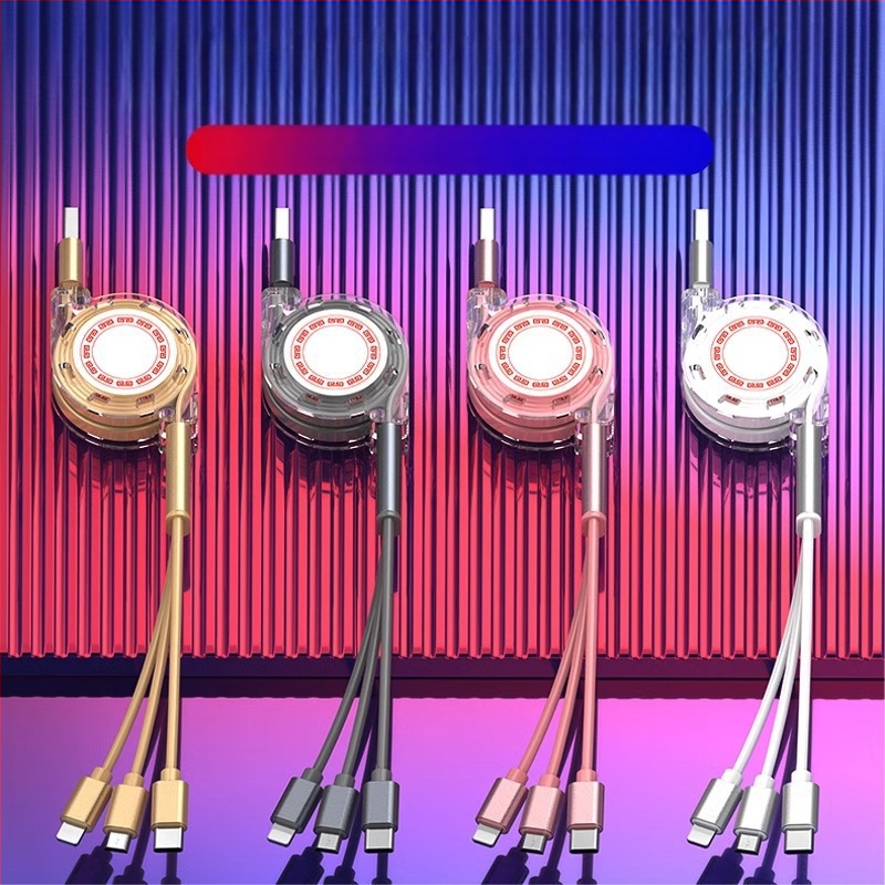 Vysúvací silikónový dátový kábel so tromi konektormi (Mini USB, Lightning, Type-C) – 1–3 výstupy, rýchlonabíjanie.