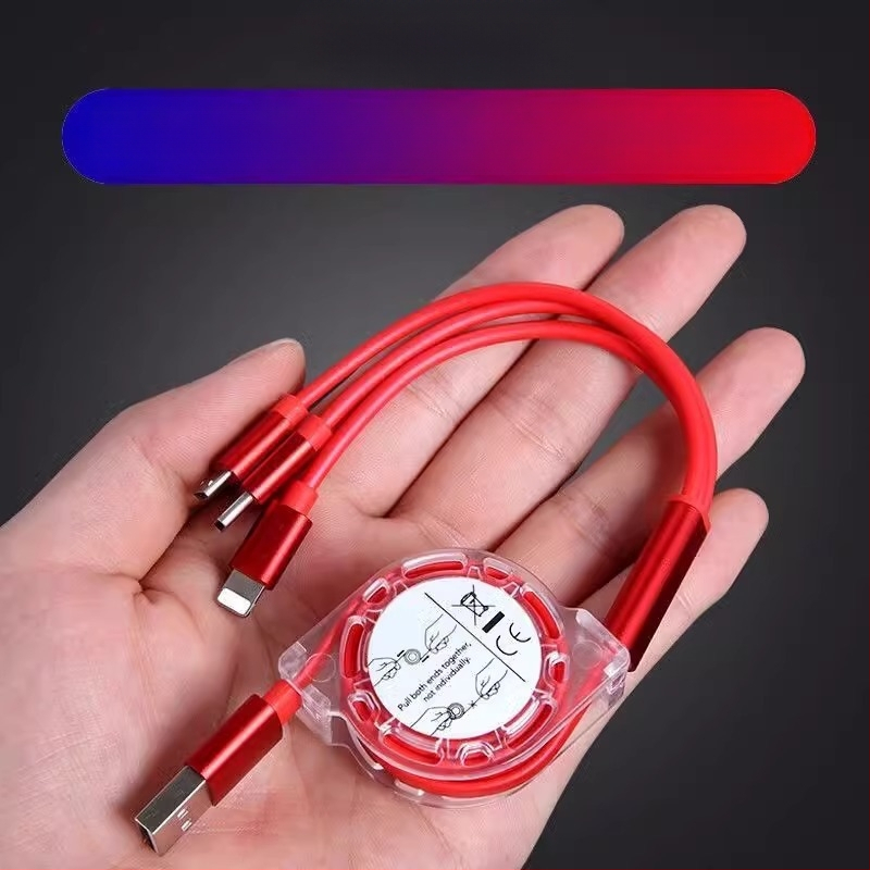 Vysúvací silikónový dátový kábel so tromi konektormi (Mini USB, Lightning, Type-C) – 1–3 výstupy, rýchlonabíjanie.