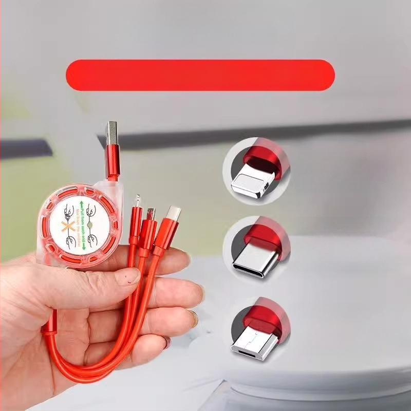 Vysúvací silikónový dátový kábel so tromi konektormi (Mini USB, Lightning, Type-C) – 1–3 výstupy, rýchlonabíjanie.