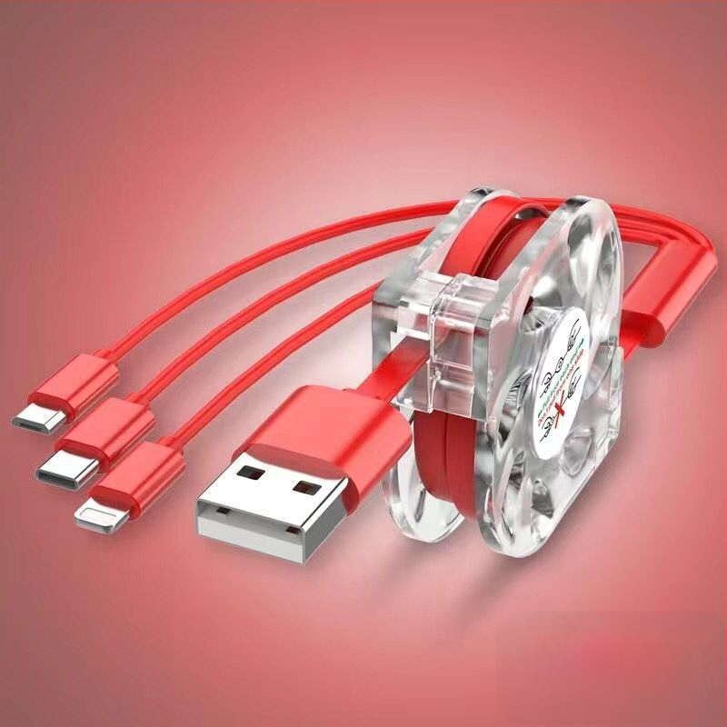 Vysúvací silikónový dátový kábel so tromi konektormi (Mini USB, Lightning, Type-C) – 1–3 výstupy, rýchlonabíjanie.