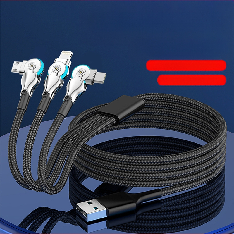 Три в едно въртящ се кабел за данни с Lightning, USB-C и Micro-USB конектори — плетен кабел за бързо зареждане
