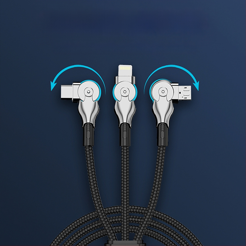 Три в едно въртящ се кабел за данни с Lightning, USB-C и Micro-USB конектори — плетен кабел за бързо зареждане