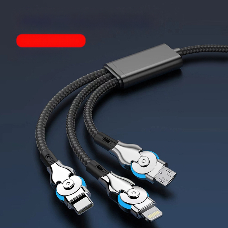 Три в едно въртящ се кабел за данни с Lightning, USB-C и Micro-USB конектори — плетен кабел за бързо зареждане