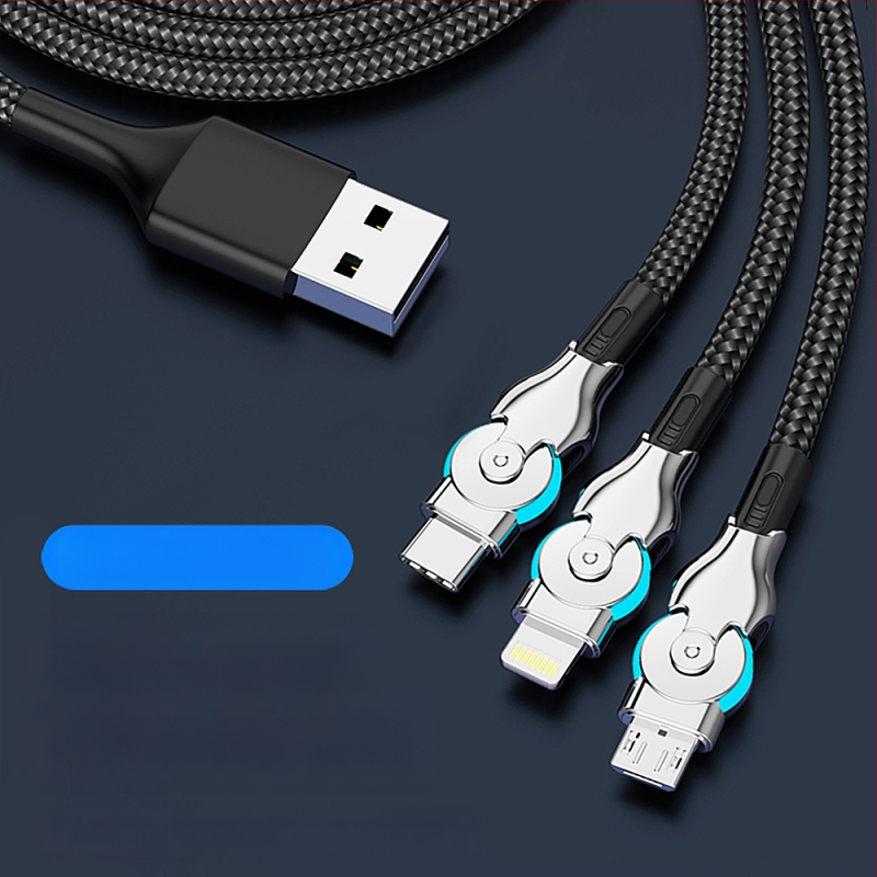 Три в едно въртящ се кабел за данни с Lightning, USB-C и Micro-USB конектори — плетен кабел за бързо зареждане