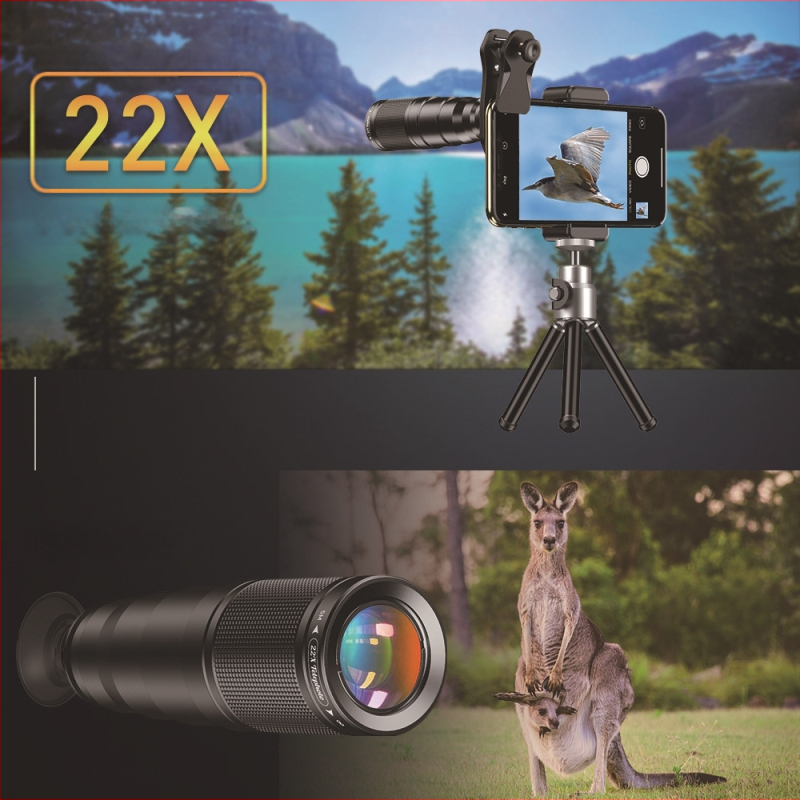 APLEXEL 22x teleobjektyvas, makro, fisheye ir platakampis – keturi viename išmaniojo telefono objektyvas, 120° kampas