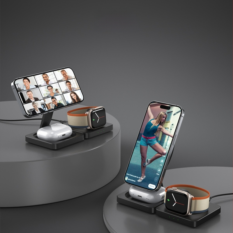 3-ių viename sulankstomas magnetinis belaidis įkrovėjas staliniam laikikliui vienu metu įkraunant telefonus, ausines ir laikrodį – 25W, 9V/3A, QC3.0