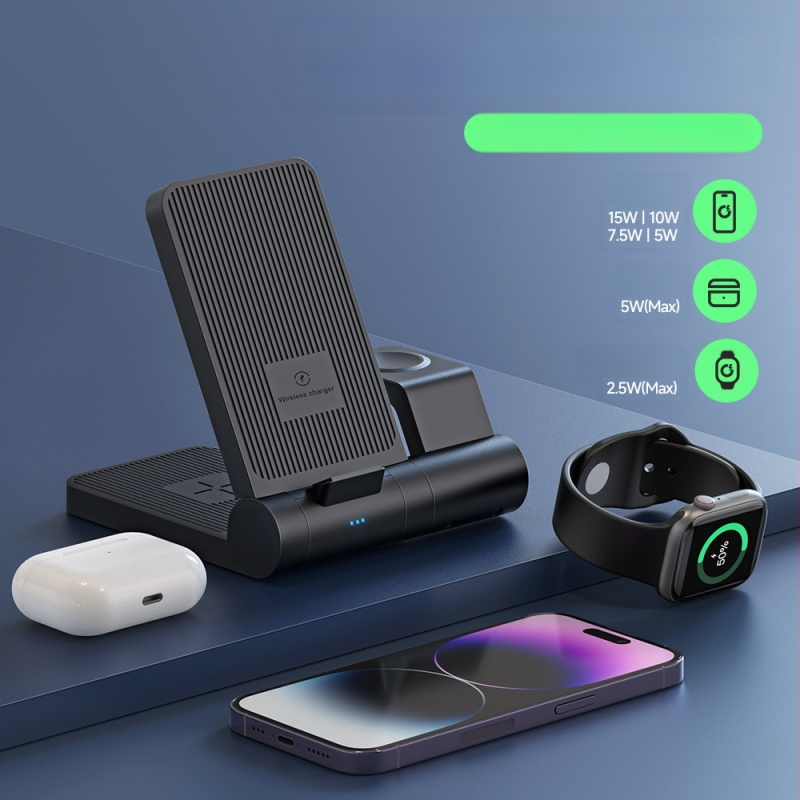 3-in-1 belaidžio įkrovimo stalinis laikiklis telefonui, laikrodžiui ir ausinėms – išimamas ir sulankstomas, 15W QC3.0