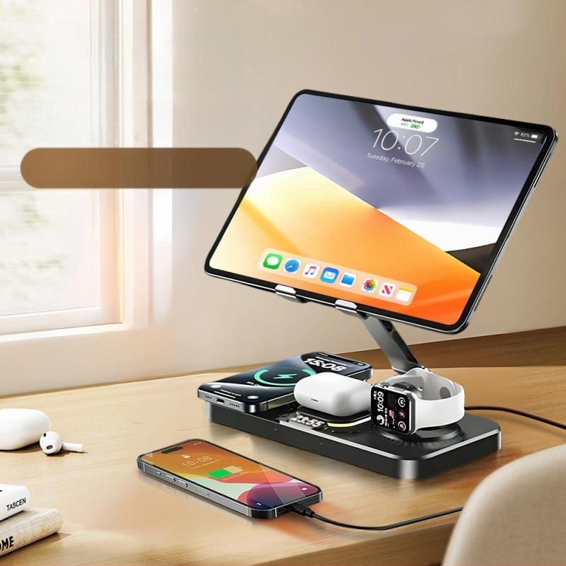 Darbalaukio belaidė greito įkrovimo dokas su sulankstomu pasukamu laikikliu, laikrodžiu ir aplinkos šviesa – šeši viename, MagSafe suderinamas, QC3.0, 9V3A, 15W maksimaliai