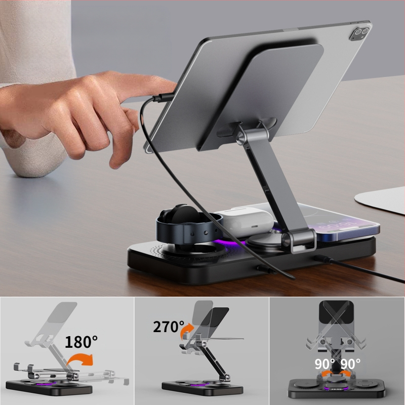 Darbalaukio belaidė greito įkrovimo dokas su sulankstomu pasukamu laikikliu, laikrodžiu ir aplinkos šviesa – šeši viename, MagSafe suderinamas, QC3.0, 9V3A, 15W maksimaliai