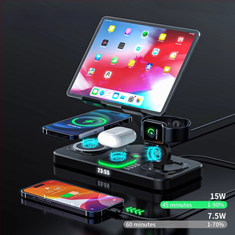 Darbalaukio belaidė greito įkrovimo dokas su sulankstomu pasukamu laikikliu, laikrodžiu ir aplinkos šviesa – šeši viename, MagSafe suderinamas, QC3.0, 9V3A, 15W maksimaliai