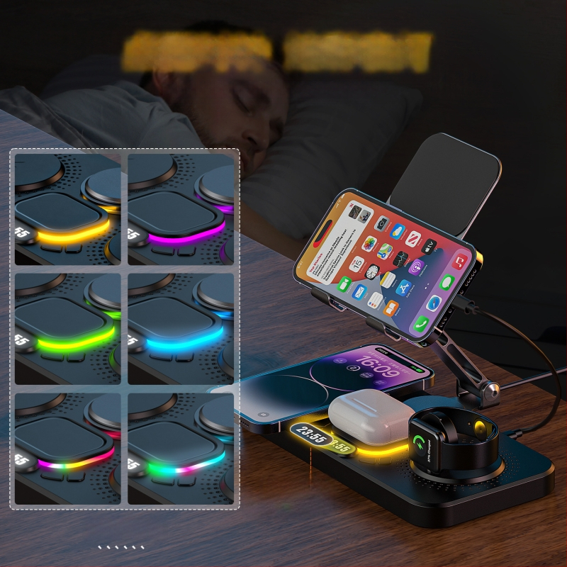 Darbalaukio belaidė greito įkrovimo dokas su sulankstomu pasukamu laikikliu, laikrodžiu ir aplinkos šviesa – šeši viename, MagSafe suderinamas, QC3.0, 9V3A, 15W maksimaliai