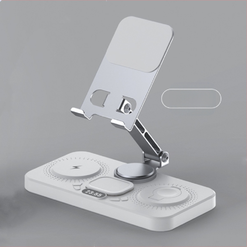 Darbalaukio belaidė greito įkrovimo dokas su sulankstomu pasukamu laikikliu, laikrodžiu ir aplinkos šviesa – šeši viename, MagSafe suderinamas, QC3.0, 9V3A, 15W maksimaliai