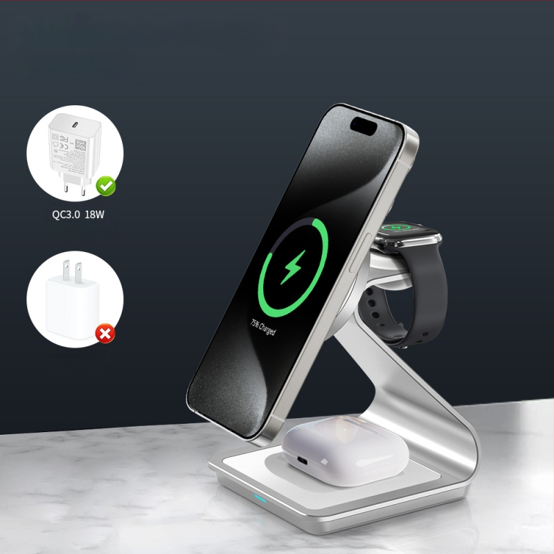 Tri viename belaidis automobilinis įkroviklis su magnetine įkrova ir švelniu marquee šviesos efektu, belaidis išvestis 3–15W, bendra galia iki 22W