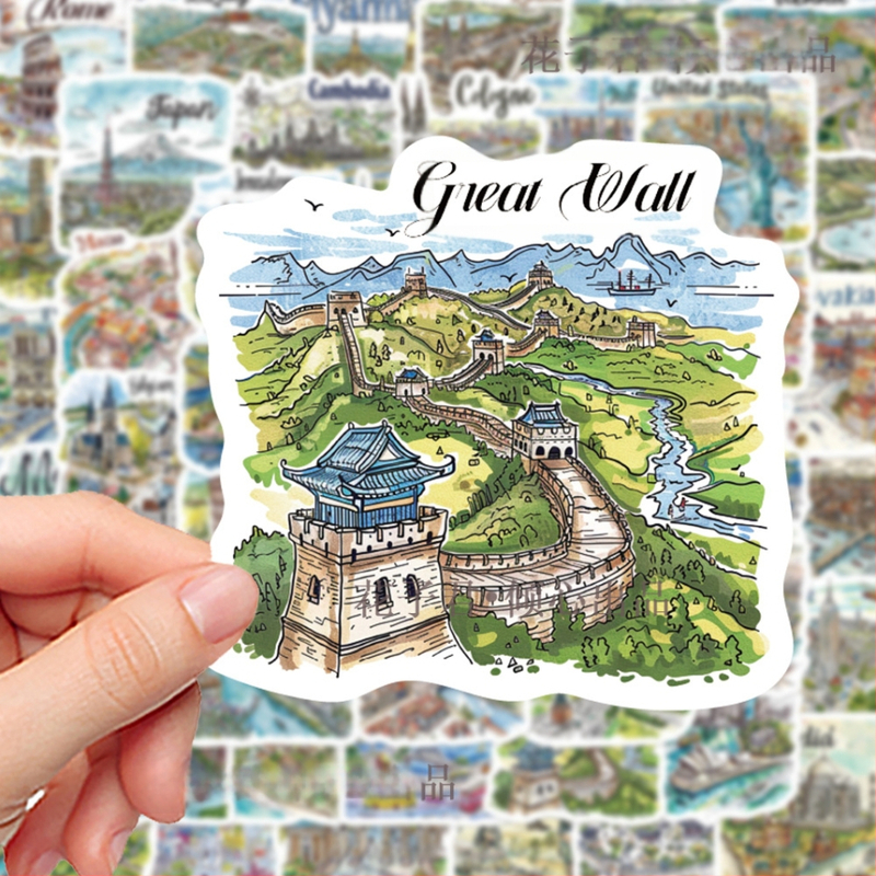 Kelionių žemėlapių lipdukų rinkinys: 50 šalių žemėlapių lipdukų, ranka piešti graffiti stiliaus, skirtas užrašų knygelės dekoravimui; PVC medžiaga, cartoon stilius, lipdukai ir spausdinimas, logotipas galimas