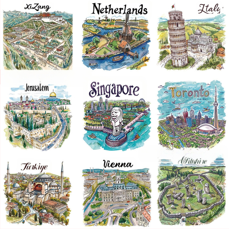 Kelionių žemėlapių lipdukų rinkinys: 50 šalių žemėlapių lipdukų, ranka piešti graffiti stiliaus, skirtas užrašų knygelės dekoravimui; PVC medžiaga, cartoon stilius, lipdukai ir spausdinimas, logotipas galimas