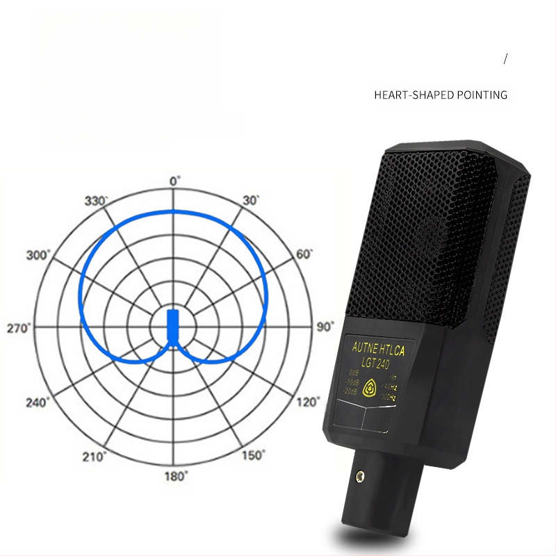 Μικρόφωνο πυκνωτικό με μεγάλο διάφραγμα για ζωντανές μεταδόσεις με εξωτερική κάρτα ήχου· καρδιοειδές, απόκριση συχνοτήτων 100 Hz–20 kHz, SNR ≥ 100 dB