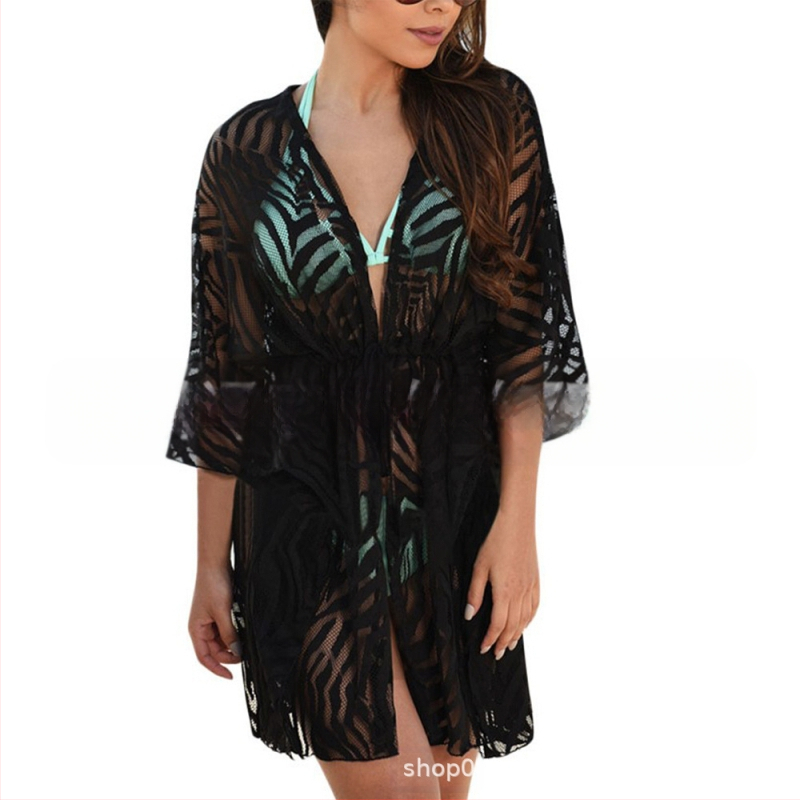 Sieviešu mežģīņu crochet kardigans saules aizsardzībai – svītrainā raksts, garš garums, V kakla izgriezums, 3/4 piedurknes, brīvs piegriezums