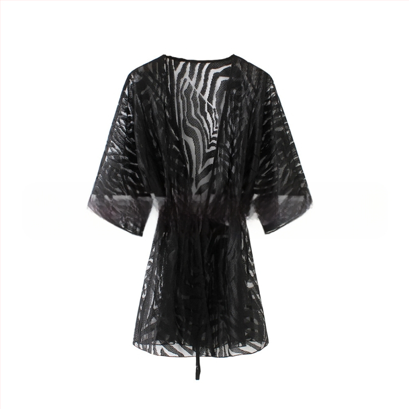 Sieviešu mežģīņu crochet kardigans saules aizsardzībai – svītrainā raksts, garš garums, V kakla izgriezums, 3/4 piedurknes, brīvs piegriezums