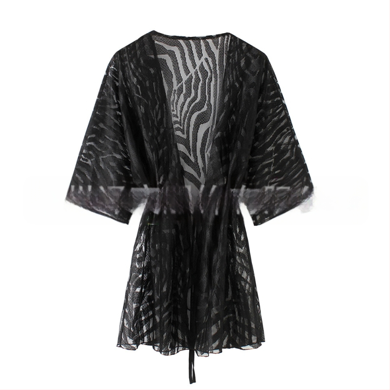 Sieviešu mežģīņu crochet kardigans saules aizsardzībai – svītrainā raksts, garš garums, V kakla izgriezums, 3/4 piedurknes, brīvs piegriezums