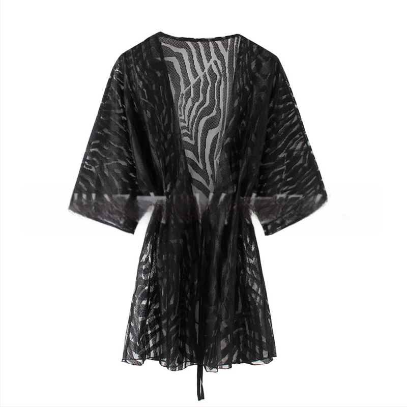 Sieviešu mežģīņu crochet kardigans saules aizsardzībai – svītrainā raksts, garš garums, V kakla izgriezums, 3/4 piedurknes, brīvs piegriezums