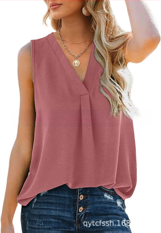 Bluza damă din chiffon, fără mâneci, decolteu în V, croială lejeră, amestec poliester-spandex