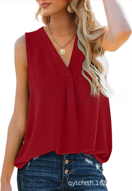 Bluza damă din chiffon, fără mâneci, decolteu în V, croială lejeră, amestec poliester-spandex