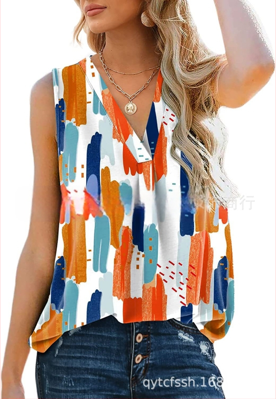 Bluza damă din chiffon, fără mâneci, decolteu în V, croială lejeră, amestec poliester-spandex