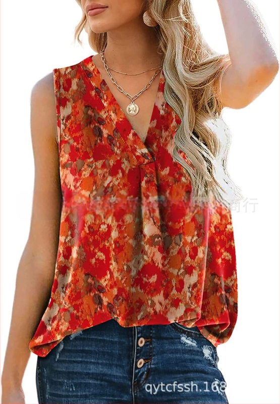 Bluza damă din chiffon, fără mâneci, decolteu în V, croială lejeră, amestec poliester-spandex