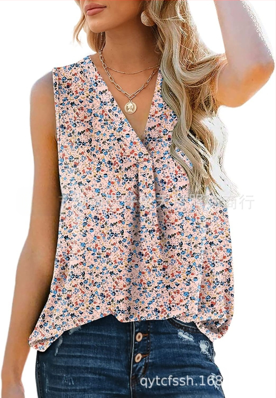 Bluza damă din chiffon, fără mâneci, decolteu în V, croială lejeră, amestec poliester-spandex