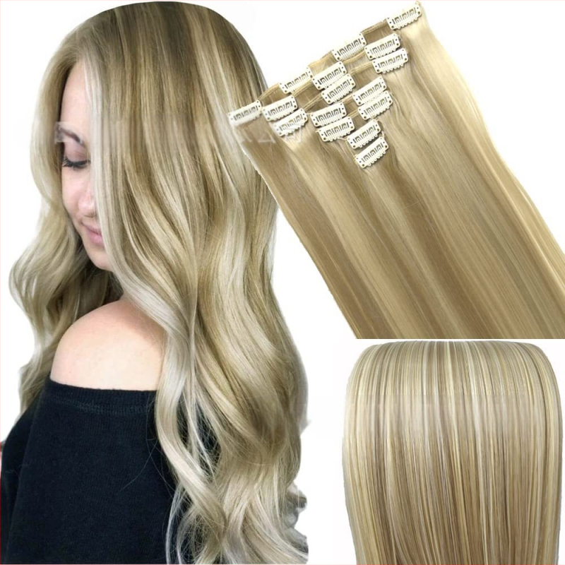 Extensii de păr cu clips, set de 6 piese, fibre rezistente la căldură, pentru femei