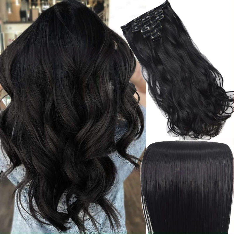 Extensii de păr cu clips, set de 6 piese, fibre rezistente la căldură, pentru femei