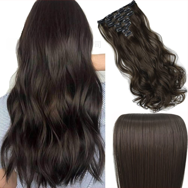 Extensii de păr cu clips, set de 6 piese, fibre rezistente la căldură, pentru femei