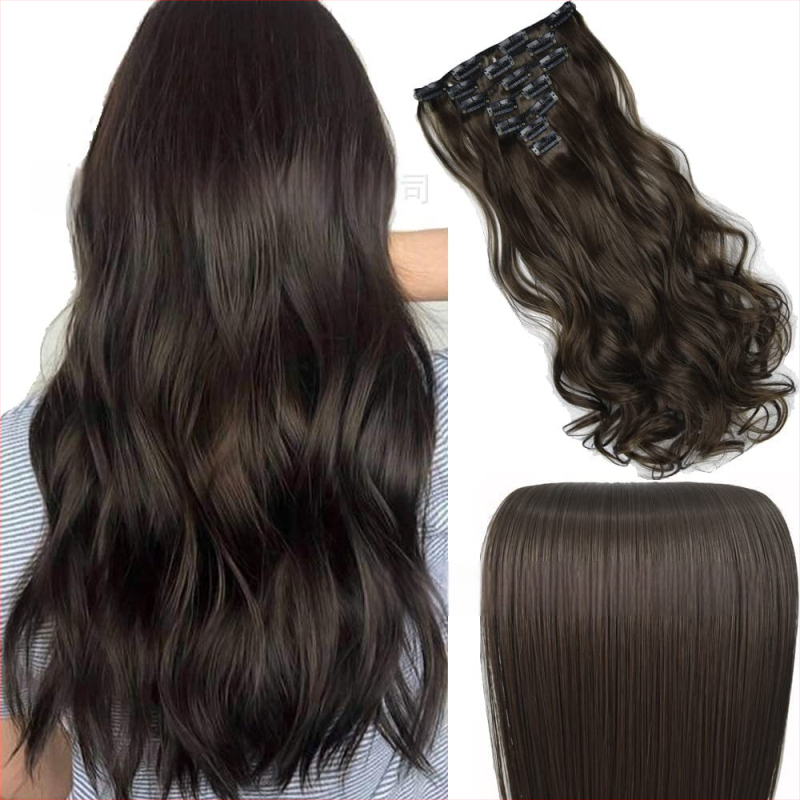 Extensii de păr cu clips, set de 6 piese, fibre rezistente la căldură, pentru femei