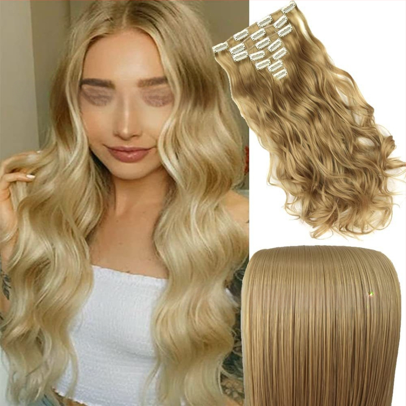 Extensii de păr cu clips, set de 6 piese, fibre rezistente la căldură, pentru femei