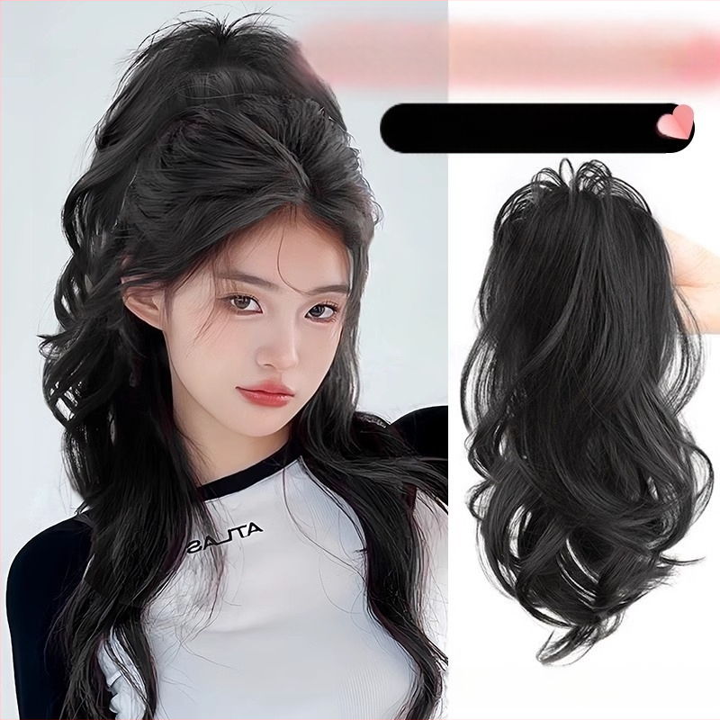 Perucă cu coadă, fibre rezistente la căldură, lungime medie‑lungă, stil natural de tip curs de cascadă cu bucle, model coadă cascadă, nu poate fi vopsită sau îndreptată