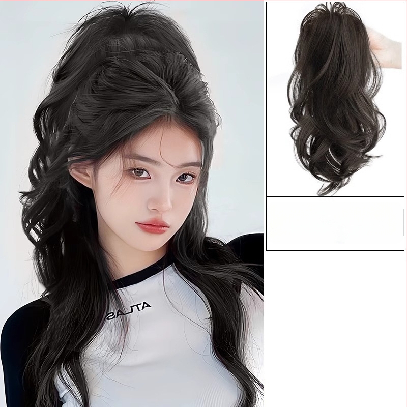 Perucă cu coadă, fibre rezistente la căldură, lungime medie‑lungă, stil natural de tip curs de cascadă cu bucle, model coadă cascadă, nu poate fi vopsită sau îndreptată
