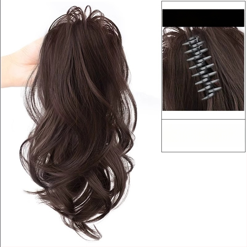 Perucă cu coadă, fibre rezistente la căldură, lungime medie‑lungă, stil natural de tip curs de cascadă cu bucle, model coadă cascadă, nu poate fi vopsită sau îndreptată