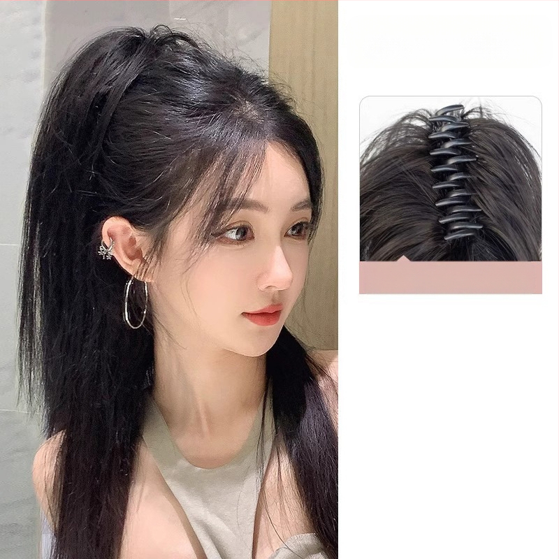 Perucă cu coadă, fibre rezistente la căldură, lungime medie‑lungă, stil natural de tip curs de cascadă cu bucle, model coadă cascadă, nu poate fi vopsită sau îndreptată