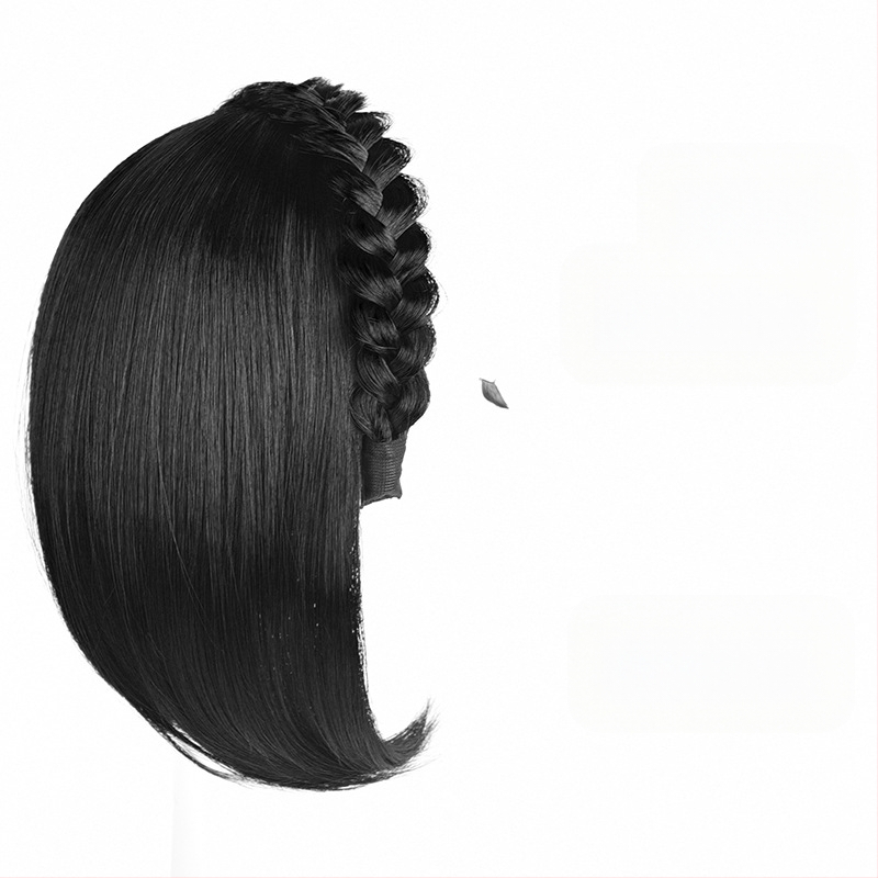 Perucă cu bandă pentru femei, într-un pies, păr sintetic, fibre rezistente la temperaturi înalte, păr scurt, stil drept, model cu cerc răsucit pentru volum