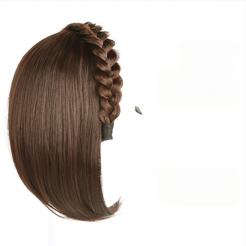 Perucă cu bandă pentru femei, într-un pies, păr sintetic, fibre rezistente la temperaturi înalte, păr scurt, stil drept, model cu cerc răsucit pentru volum